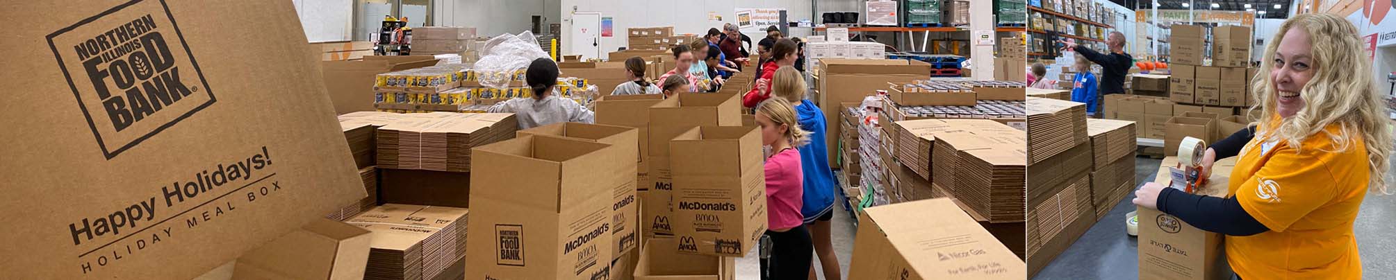 Volunteers packing holiday meal boxes