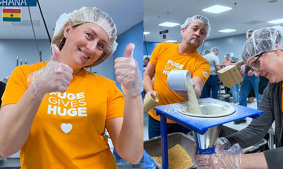 Agata thumbs up and Ken pouring food into the packet